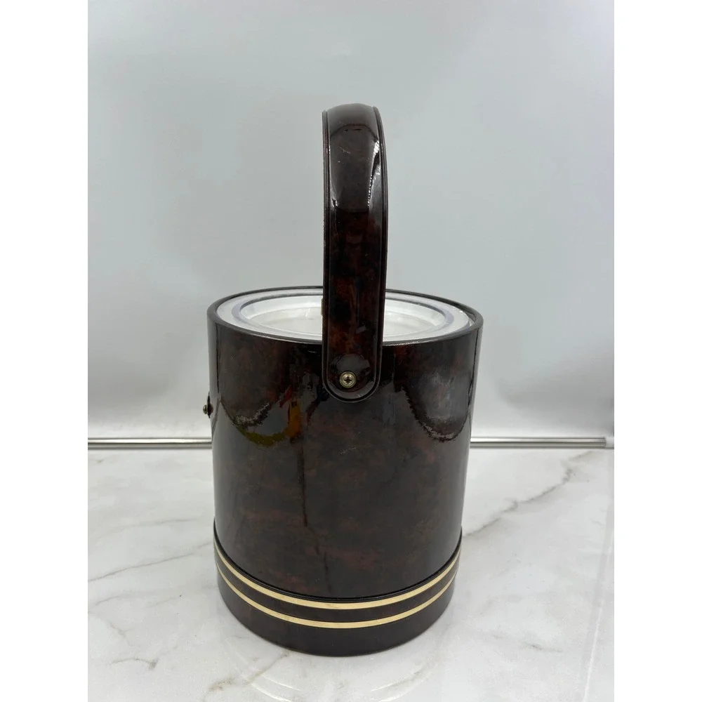 Vintage Faux Tortoise Shell Ice Bucket Gold Trim Mid Century Modern Barware